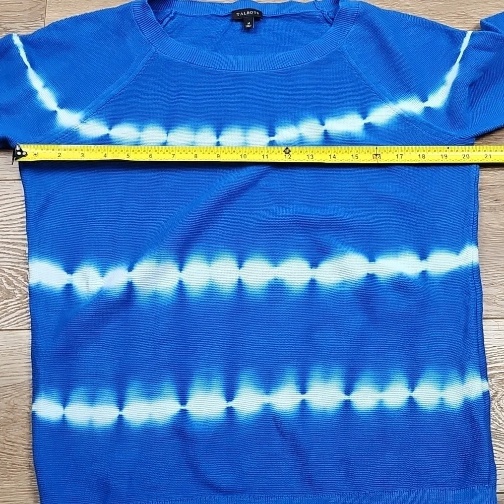 Talbots 100% Cotton Knit Blue White Tie Dye Crewneck 3/4 Sleeve Pullover Sweater